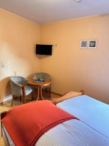 a bedroom with a table and a tv and a bed at Gästehaus Krone in Holzkirchen