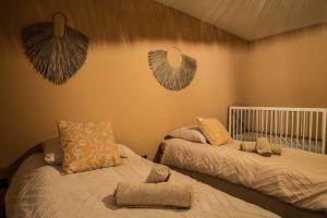 a bedroom with two beds and mirrors on the wall at Villa de 90m² à 5 minutes de la mer, terrasse 50m² in Sainte-Maxime