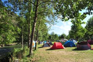 een groep tenten op het gras naast een rivier bij Camping Noguera Pallaresa in Sort