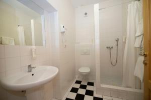een badkamer met een wastafel, een toilet en een douche bij Hotel Praha in Broumov