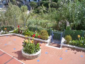 a garden with flowers and a blue fence at L'Isolana Case Vacanza Alloro 2 in Ponza