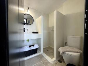 a bathroom with a shower with a toilet and a sink at Amenti Horizon View in Agkidia