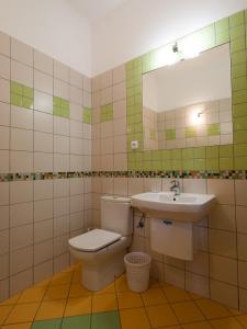 ein Badezimmer mit einem WC, einem Waschbecken und einem Spiegel in der Unterkunft Hostinec & Vitální svět Raduňka in Opava