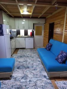 sala de estar con sofá azul en la cocina en Bungalow with Garden and Air Conditioning, 150m to the Sea in Bademli, Sleeps 6, en Dikili