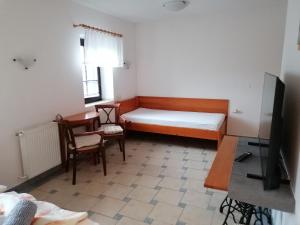 a room with a bed and a table and a tv at Penzion Janata in Slapy