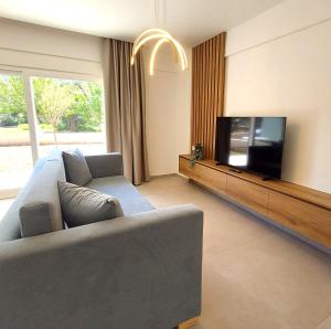 a living room with a couch and a flat screen tv at Athasi Resindences in Limenas