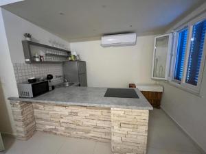 a kitchen with a counter with a microwave and a refrigerator at Holiday house Karla in Vela Luka