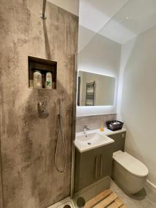 y baño con ducha, aseo y lavamanos. en Stunning Victorian Mansion Flat, en Brighton & Hove