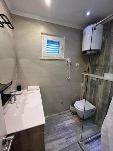 a bathroom with a toilet and a sink and a shower at Holiday house Karla in Vela Luka