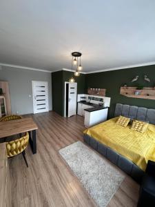 uma sala de estar com uma cama e uma cozinha em Apartamenty w Kamienicy em Poddębice