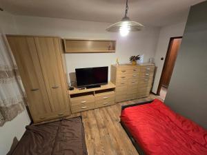 a bedroom with a entertainment center with a flat screen tv at Apartament Sosnowiec in Sosnowiec