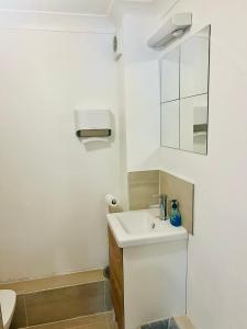 a white bathroom with a sink and a mirror at Coco’s Homestay - Sidmouth in Reading