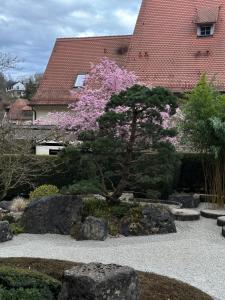 a tree with pink flowers in a garden with rocks at Gästehaus Krone in Holzkirchen