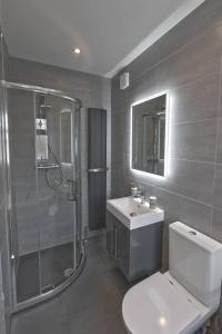 uma casa de banho com um chuveiro, um WC e um lavatório. em Modern home w private driveway and garden near Belfast City Centre em Belfast