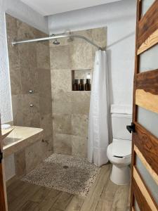 een badkamer met een douche, een toilet en een wastafel bij Matamoros 11 in Tepoztlán