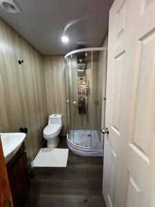 a bathroom with a shower and a toilet and a sink at Alojamiento Rustico Belloto (2) in Quilpué