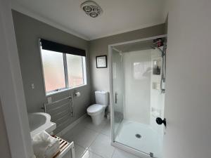 a bathroom with a shower and a toilet at River Heights in Taupo
