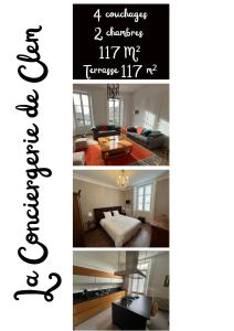 un collage de tres fotos de una sala de estar en Centre-ville Aurillac 117m2 - Grande terrasse - 2 chambres - 2 grand lits - 1 canapé lit, en Aurillac