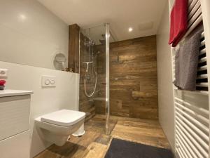 uma casa de banho com um WC e uma cabina de duche em vidro. em Holiday apartment Kassler em Feldberg