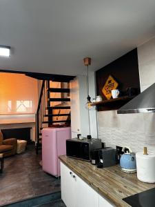 マドリードにあるT-Homes - Cuencaのキッチン(カウンター、ピンクの冷蔵庫付)