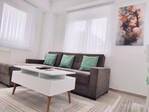 sala de estar con sofá y mesa en MINT Apartment, en Skopje
