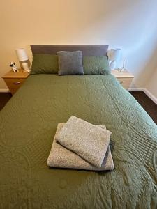 a green bed with two pillows on top of it at Down Town Pad*2Bed&Free Parking* in Glasgow