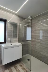 La salle de bains est pourvue d'un lavabo et d'une douche en verre. dans l'établissement Quinta do Penedo Real, à Viana do Castelo