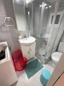 een badkamer met een douche, een wastafel en een toilet bij Διαμέρισμα με βεράντα δίπλα στα ΜΜΜ in Athene