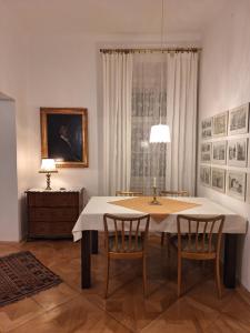 een eetkamer met een tafel en 2 stoelen bij Apartment Altwien in Wenen