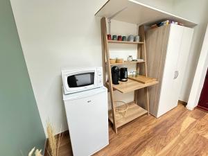 a small kitchen with a microwave on top of a refrigerator at Chambre indépendante au calme in Lamonzie-Montastruc