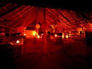 a dark room with a large wooden structure with lights at Ego Swargarajje Yala Thissamaharama in Tissamaharama