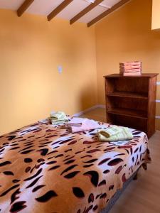 a bedroom with a leopard print bed and a dresser at Camping El Bolsón in El Bolsón