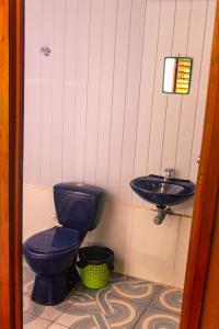 a bathroom with a blue toilet and a sink at Cabañas Dechi in Puerto Nariño