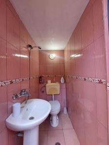 ein rosafarbenes Bad mit einem WC und einem Waschbecken in der Unterkunft GEX Guest House in Tirana