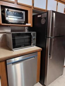 een keuken met een magnetron en een koelkast bij Cabin in Remer in Remer