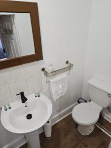 a bathroom with a white toilet and a sink at Caledonian Road Cozy Studio in London