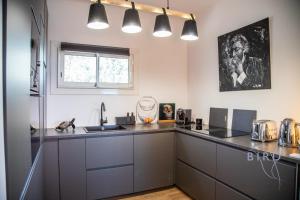 een keuken met grijze kasten en een aanrecht bij Superb renovated villa 2 steps from Seillans in Seillans