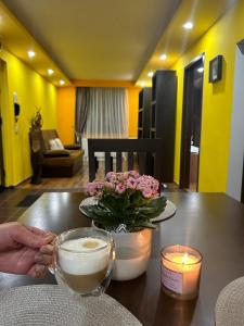 une personne assise à une table avec une bougie et des fleurs dans l'établissement IANIS Apartment, à Orăştie