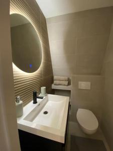 La salle de bains est pourvue d'un lavabo, de toilettes et d'un miroir. dans l'établissement Apartment City Center Terrace with Iconic View, à Gouda