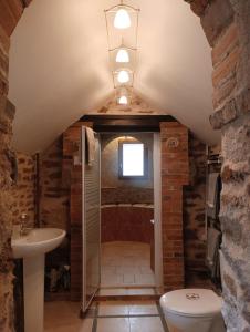 a bathroom with a shower and a toilet and a sink at Mine d'Ore in Thoste