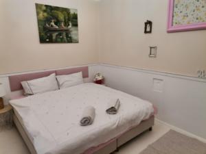 a bedroom with a bed with two shoes on it at Malomszeg Apartman in Pécs