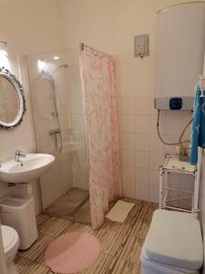 a bathroom with a shower curtain and a sink at Malomszeg Apartman in Pécs