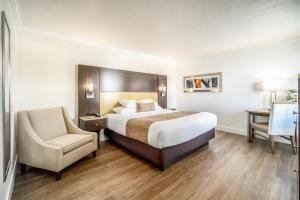 Habitación de hotel con cama y silla en Little Inn By The Bay Newport Beach Hotel, en Newport Beach