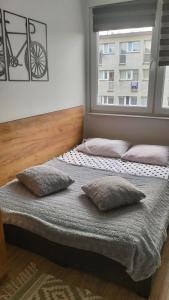 a bed with two pillows in a room with a window at NightHost Robotnicza 32 m 328 Wrocław in Wrocław