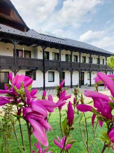 un edificio con flores rosas delante de él en Pensiunea Suci, en Botiza