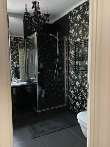 a bathroom with a shower and a sink and a mirror at Ełk Blue Apartment przy promenadzie in Ełk