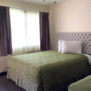 a bedroom with a large bed with a large window at National 9 Motel in Santa Cruz