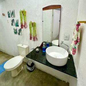 uma casa de banho com um lavatório, um WC e um espelho. em Suíte Capixaba - 06 em Gravatá