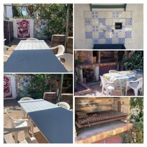 a collage of pictures of a blue table and chairs at La Casita de Bogado in Boulogne
