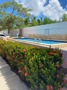 una piscina con flores frente a un edificio en Apartamento em Ilha De Itamaracá en Vila Velha